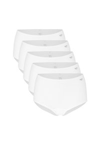 Slip in cotone bianco, stile hipster, confezione da cinque. Composizione morbida, superficie liscia, elastico largo in vita. Etichetta interna con taglia e marca.