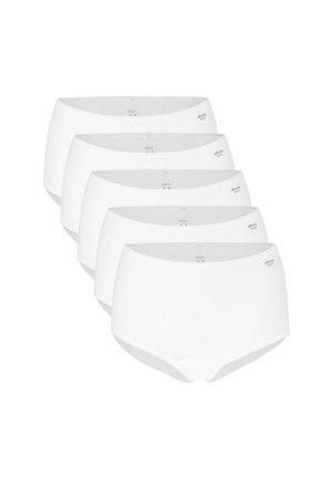 Slip in cotone bianco, stile hipster, confezione da cinque. Composizione morbida, superficie liscia, elastico largo in vita. Etichetta interna con taglia e marca.