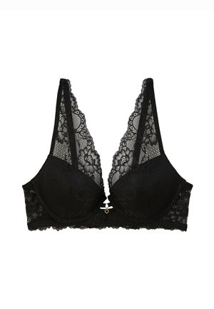 Bralette en dentelle noire avec décolleté en V profond, détails en dentelle florale, bonnets texturés et un petit pendant en forme de cœur doré au centre. Bretelles réglables.