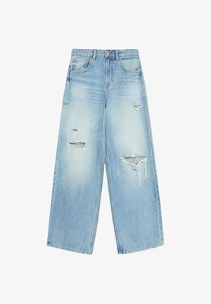 Bershka, RIPPED HIGH-WAIST WIDE-LEG - JEANS - Wide Leg - royal blue