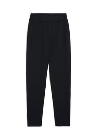Pantalon de jogging noir en tissu doux, avec une taille élastique, des poches latérales, des jambes fuselées et une texture lisse.