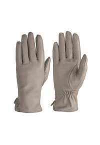 Gants en cuir gris avec une texture lisse, design à cinq doigts, détail de poignet froncé et couture discrète. Comprend un petit logo au niveau du poignet.