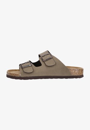 Open-toed sandalen van olijfgroene suede met twee verstelbare banden en metalen gespen. Kurken voetbed en een getextureerde rubberen zool.