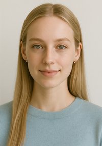 Portræt af en person med straight, langt blond hår, iført en lyseblå, rundhalset sweater. Enkel baggrund, minimal tekstur og detalje.