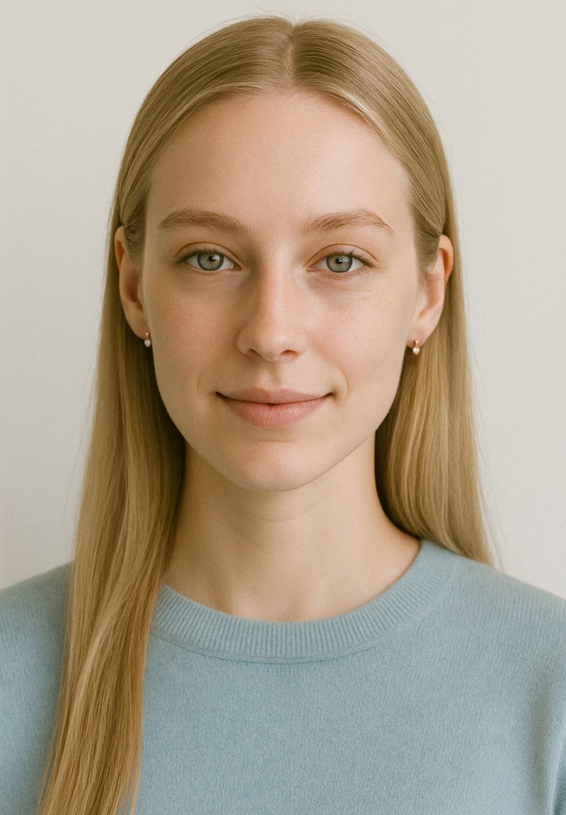 Portræt af en person med straight, langt blond hår, iført en lyseblå, rundhalset sweater. Enkel baggrund, minimal tekstur og detalje.