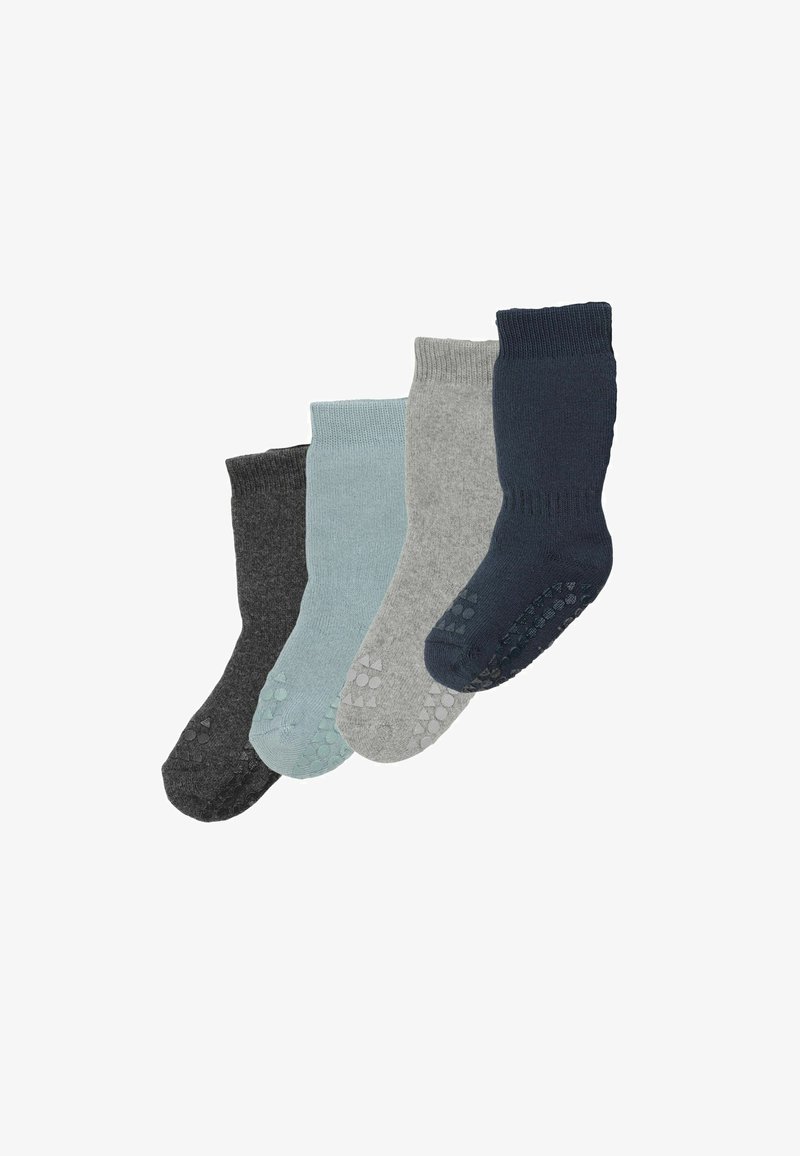 Quatre paires de chaussettes côtelées antidérapantes en gris foncé, bleu clair, gris clair et bleu marine, alignées côte à côte.