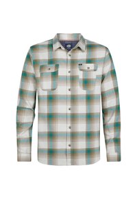 Herenoverhemd met lange mouwen met ruitenpatroon in beige, turquoise en wit, voorzien van twee borstzakken en een knoopsluiting. Gemaakt van katoen met een gladde textuur.