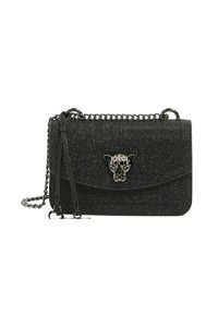 Borsa a mano nera glitter con tracolla in argento, con un andamento prominente a forma di testa di pantera. Superficie testurizzata con una forma rettangolare elegante.
