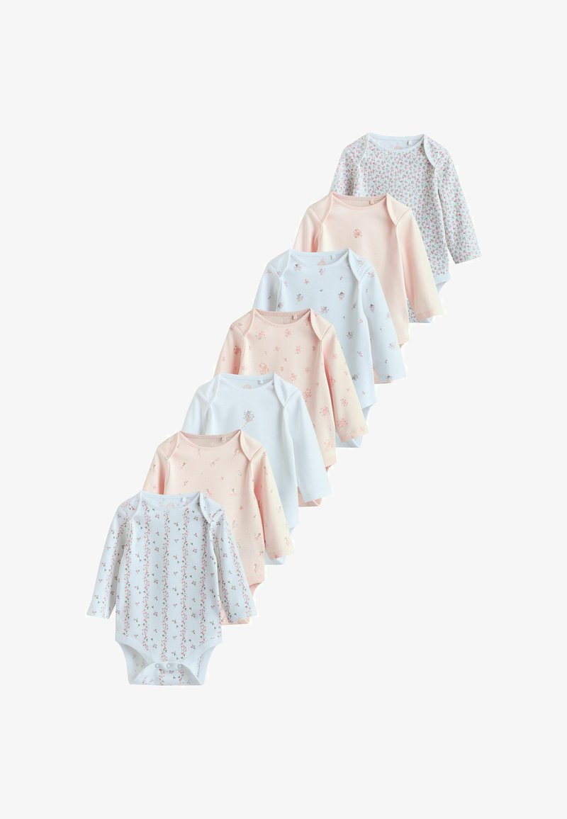 Ensemble de trois bodies à manches longues dans des couleurs pastel (rose, bleu, blanc) avec des motifs floraux et des encolures enveloppantes. Matière en coton doux.