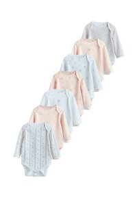 Sæt med tre langærmede bodystockings i pastelfarver (pink, blå, hvid) med blomsterprint og kuvertudskæringer. Blødt bomuldsmateriale.