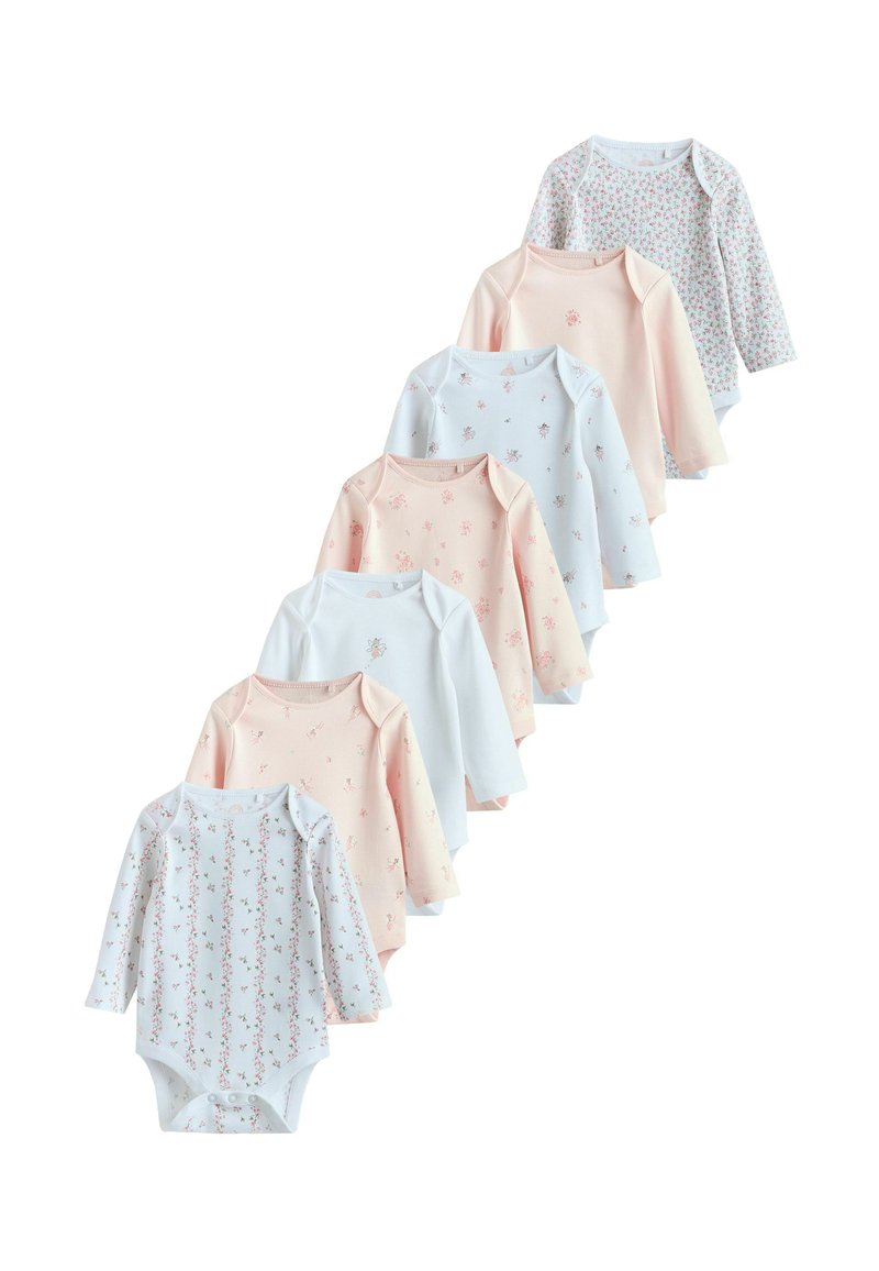 Sæt med tre langærmede bodystockings i pastelfarver (pink, blå, hvid) med blomsterprint og kuvertudskæringer. Blødt bomuldsmateriale.