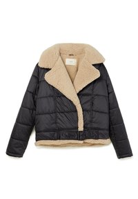 Giacca imbottita nera con design corto, caratterizzata da un colletto e una fodera in ecopelliccia beige, con chiusura frontale con fibbia.