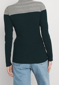 Ripp-Strick langärmeliger Pullover mit einem grauen oberen Abschnitt und einem dunkelgrünen Körper. Lockere Passform mit Rundhalsausschnitt.