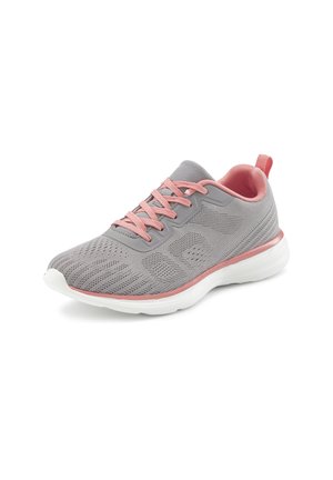 Light gray athletic shoe with pink laces, pink trim, and white sole, made of breathable mesh fabric and designed for casual wear.