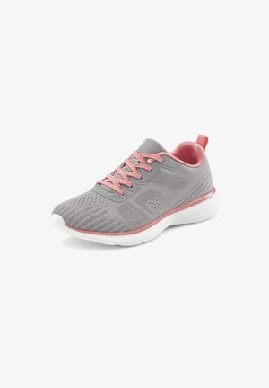 Light gray athletic shoe with pink laces, pink trim, and white sole, made of breathable mesh fabric and designed for casual wear.