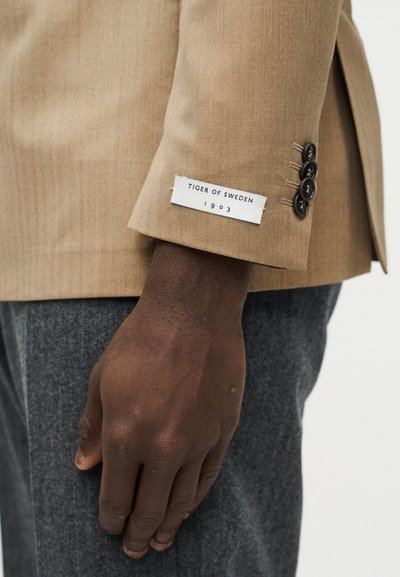 Κοντινό πλάνο ενός σκουρόχρωμου χεριού που φοράει μανίκι μπεζ σακακιού με ετικέτα «Tiger of Sweden 1903» και τρία μαύρα κουμπιά δίπλα σε γκρι παντελόνι.