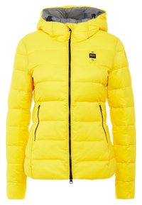 Giacca gialla imbottita con cappuccio, dotata di foderatura interna grigia, chiusura con zip e due tasche laterali. Dettagli in metallo nero e etichetta.