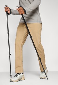 Person trägt beige Hose und Wanderschuhe und benutzt schwarze Trekkingstöcke mit grauen Griffen vor einfachem Hintergrund.