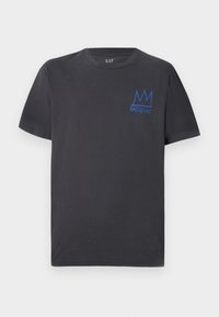 Black cotton t-shirt with a round neckline, short sleeves, and a blue "BASQUIAT" graphic featuring a crown design on the chest.