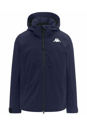 Veste à capuche bleu marine avec fermeture éclair à l'avant, poignets ajustables et logo Kappa blanc sur le côté gauche de la poitrine.