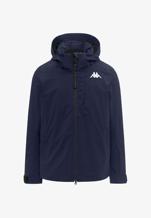 Giacca con cappuccio blu navy con cerniera frontale, polsini regolabili e logo bianco Kappa sul petto a sinistra.