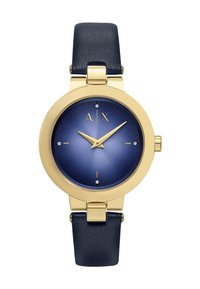 Guldtonad klocka med rund urtavla, blå gradienttavla, guldvisare och markörer; har ett marinblått läderarmband med texturerad finish.