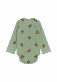 Salopetă lungă cu mânecă, de culoare verde mentă, cu o textură canelată, având un model repetat cu arici și ghinde pe întreaga suprafață. Închidere cu capse la baza.