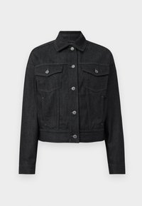 Sort denimjakke med klassisk krave, frontknaplukning, to brystlommer og buet kant. Har kontraststikninger.