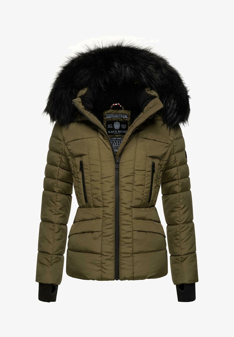 Olive green puffer jacket with a detachable black faux fur hood, zippered front, and two side pockets. Features ribbed cuffs and quilted texture.