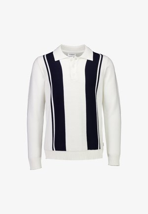 Witte lange mouwen polo met marineblauwe verticale strepen, drieknopenbies, geribbelde boorden en zoom, gemaakt van een gestructureerde gebreide stof.