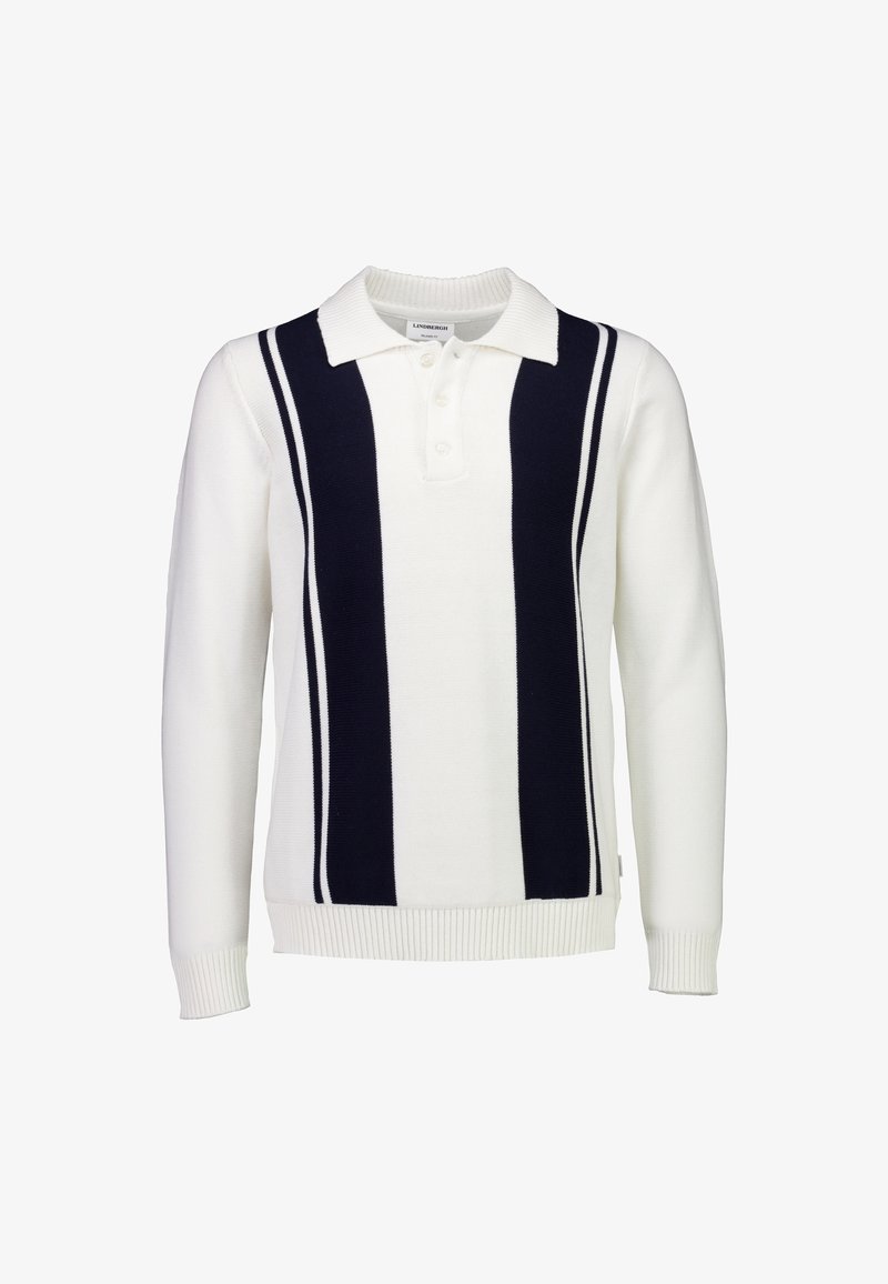 Weißes Langarm-Poloshirt mit marineblauen vertikalen Streifen, dreiknöpfiger Knopfleiste, gerippten Bündchen und Saum, hergestellt aus einem strukturierten Strickmaterial.