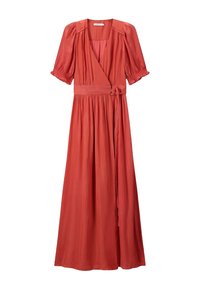 Robe longue de couleur rouille, faite d'un tissu léger. Elle présente des manches bouffantes, un design enroulé, une taille définie et un détail de ceinture nouée.