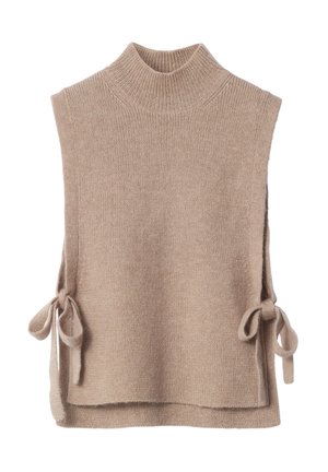 Beige gestrickter ärmelloser Pullover mit hohem Kragen, seitlichen Bindebändern zur Verschließung, weichem Material und leicht lockerer Passform.