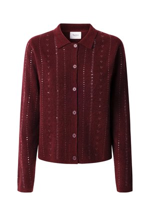 Bordeaux gebreide cardigan met een kraaglijn, sluiting met knopen aan de voorkant en een verticaal gestreept patroon. Voorzien van decoratieve pailletten en lange mouwen.