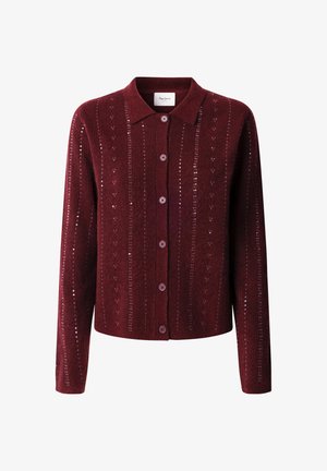 Cardigan en tricot bourgogne avec un col, fermeture à boutons sur le devant et un motif à rayures verticales. Comprend des sequins décoratifs et des manches longues.