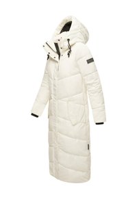 Long white puffer coat with a hood, featuring a zippered front, side pockets, and black accents on cuffs and collar.