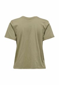 Olivengrøn bomulds T-shirt, kortærmet, rund hals, glat tekstur, bagvinduet viser et simpelt, uembelliseret design.