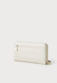 White leather wallet with a textured surface, zip closure, and a small external pocket. Gold-tone zipper accent on the side.