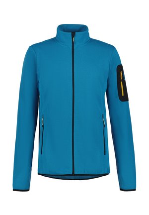 Blue fleece jacket with a high collar, textured pattern, black zipper, and pocket featuring yellow zipper pull on the sleeve.