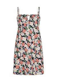 Kwiatowa sukienka z regulowanymi ramiączkami, dopasowanym gorsetem i zwiewną spódnicą. Tło ma kolor czarny z kolorowymi wzorami kwiatowymi w odcieniach różu, bieli i zieleni.