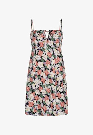 Blumenkleid mit verstellbaren Spaghetti-Trägern, tailliertem Oberteil und fließendem Rock. Der Hintergrund ist schwarz mit bunten Blumenmustern in Pink, Weiß und Grün.