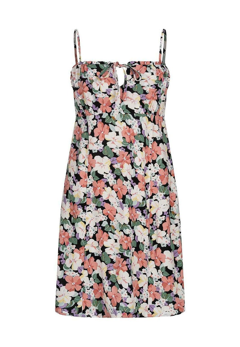Kwiatowa sukienka z regulowanymi ramiączkami, dopasowanym gorsetem i zwiewną spódnicą. Tło ma kolor czarny z kolorowymi wzorami kwiatowymi w odcieniach różu, bieli i zieleni.