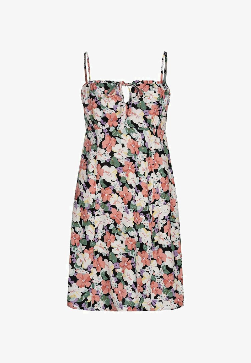 Kwiatowa sukienka z regulowanymi ramiączkami, dopasowanym gorsetem i zwiewną spódnicą. Tło ma kolor czarny z kolorowymi wzorami kwiatowymi w odcieniach różu, bieli i zieleni.