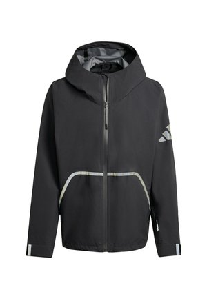 Veste à capuche noire avec des accents réfléchissants, fermeture éclair à l'avant et poignets élastiques. Fabriquée en matériau léger et résistant à l'eau.