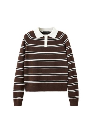 Maglione marrone a maniche lunghe con righe orizzontali bianche e colletto bianco con pattina abbottonata al collo.