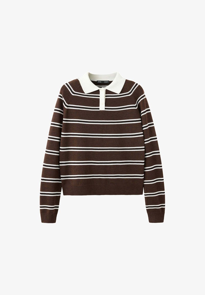 Pull marron à manches longues avec des rayures blanches horizontales et un col blanc avec une patte boutonnée au niveau du cou.