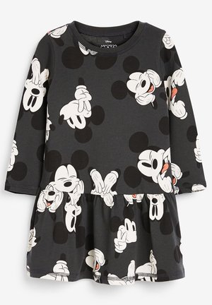Robe longue à manches longues pour tout-petit de couleur gris foncé, avec une jupe froncée, présentant des motifs répétés du visage ludique de Mickey Mouse et de sa main gantée en noir et blanc.