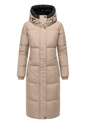 Béžová prešívaná bunda s kapucňou, s čiernou vnútornou podšívkou, s presne definovaným prešívaním, dvomi prednými vreckami a ribbenými manžetami pre pohodlné nosenie.