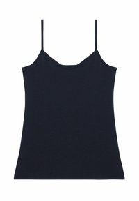 Černá bezramínková tílko s tenkými ramínky a jemným výstřihem do V, vystavené na bílém pozadí.