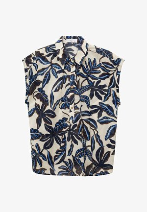Cămașă cu mânecă scurtă dintr-un material bej deschis, cu un model de frunze tropicale în tonuri de albastru închis și negru, având un guler clasic și închidere cu nasturi.